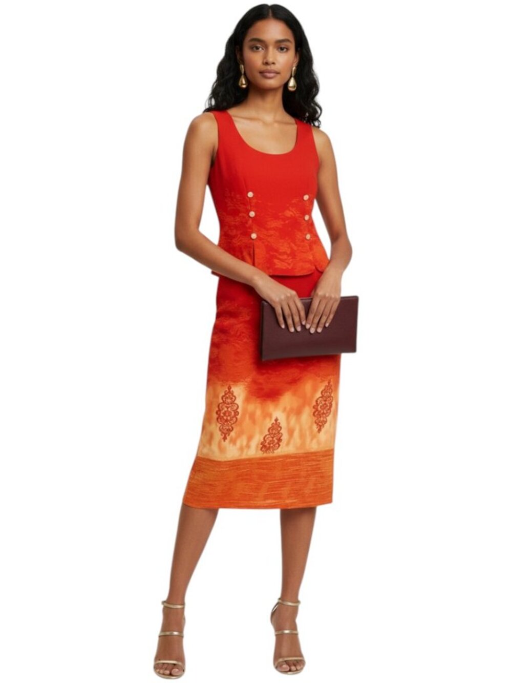 Joseph Ribkoff Vintage Y2K Dress Orange Lace Up Corset Back Boho Ethnic Print